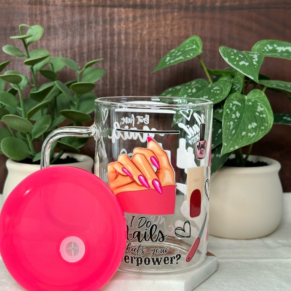 Nail Art Glass Mug with Pink Lid Nail Tech